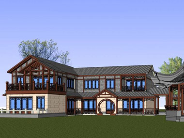 草图大师（SU）多层中式独栋别墅模型下载