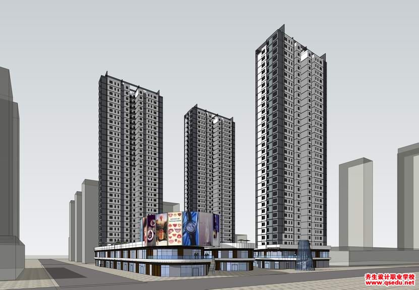 草图大师（SU）高层住宅，底层商业，现代风格建筑模型下载