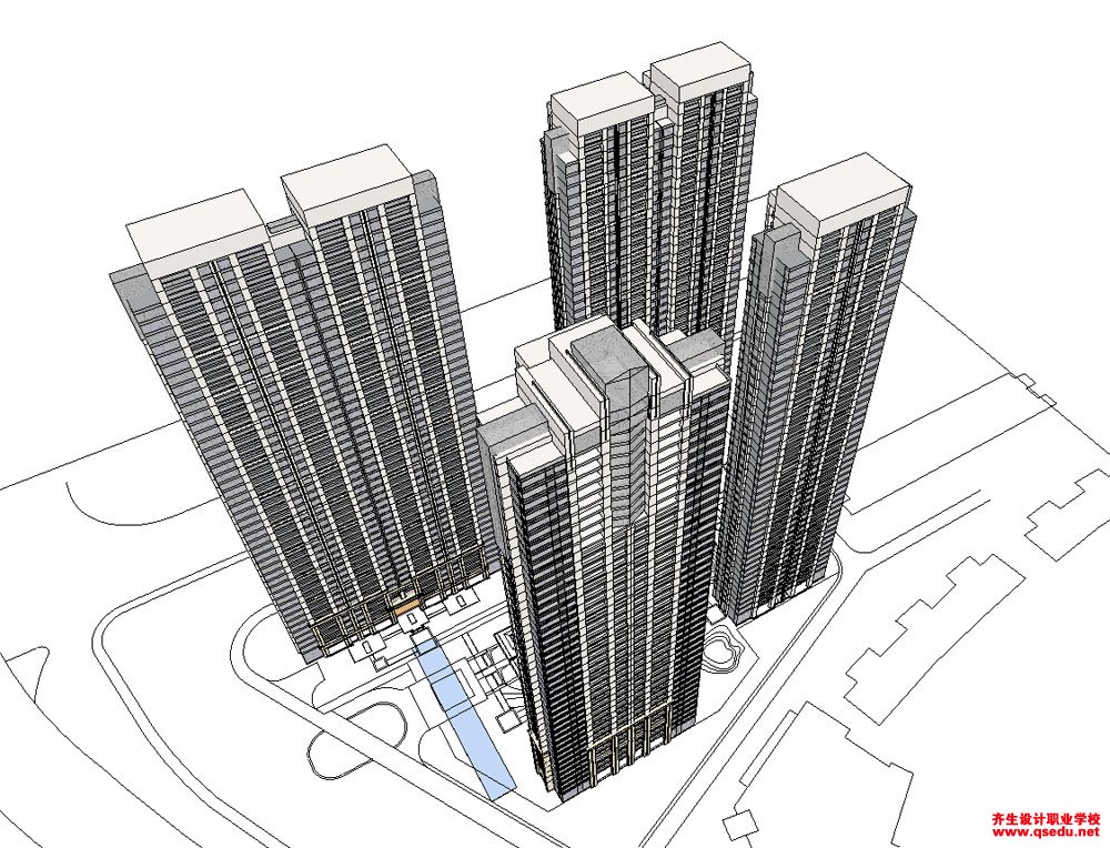 草图大师（SU）现代风格高层住宅建筑模型下载