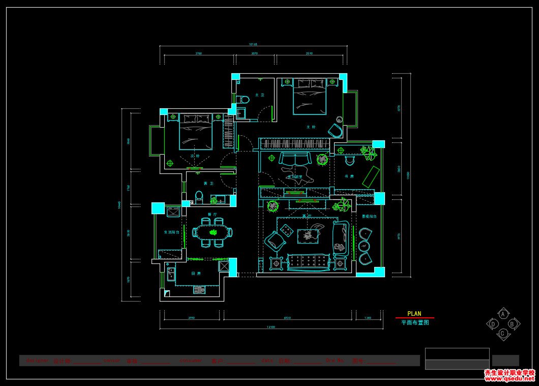 家装CAD图纸[09],美式风格3室2厅CAD施工图全套附效果图